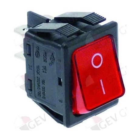 pulsador basculante 30x22mm rojo 2NO 250V 16A iluminado 0-I empalme conector Faston 6,3mm 