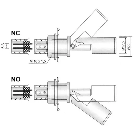 float switch thread M16x1,5 1NO or 1NC ø 17,5mm L 96mm mounting ø 19mm 250V 0,5A male faston 6,3mm 