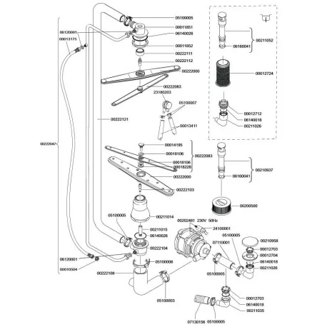 wash arm L 400 mm nozzles 8 mounting ø 15/39.5mm mounting pos. upper/lower Elframo, Komel   00222000