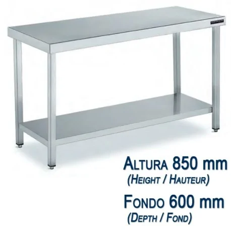 Table basse acier inoxydable avec étagère fond 600 mm et hauteur 850 mm