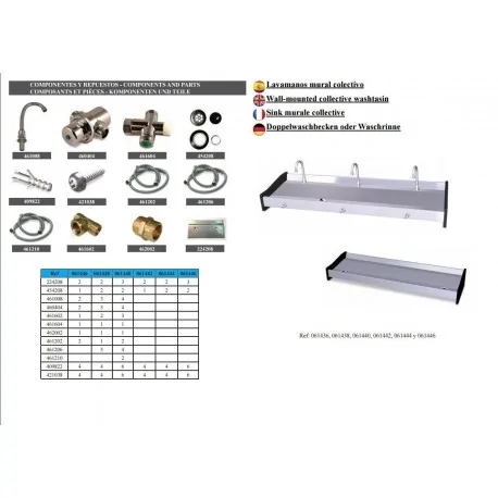 Lavamanos mural colectivo de rodilla agua fría y caliente 2 grifos