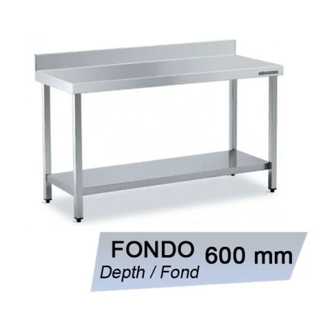 Wall-side work table in stainless steel with shelf Depth 600 mm