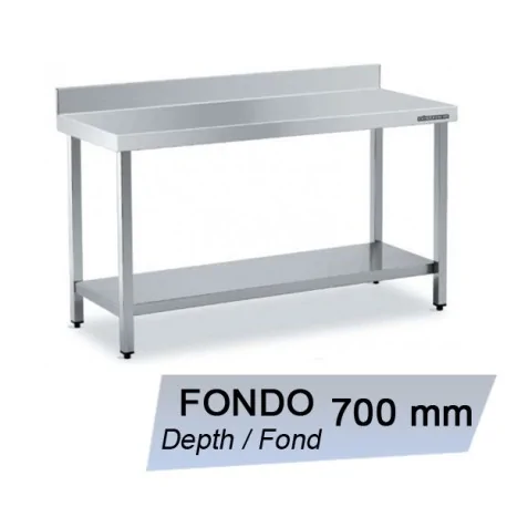 Wall-side work table in stainless steel with shelf Depth 700 mm